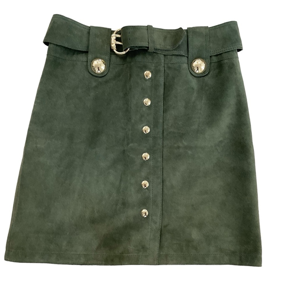 CARLISLE Vintage Forest Green Suede Button Front Belted A-Line Skirt Size L